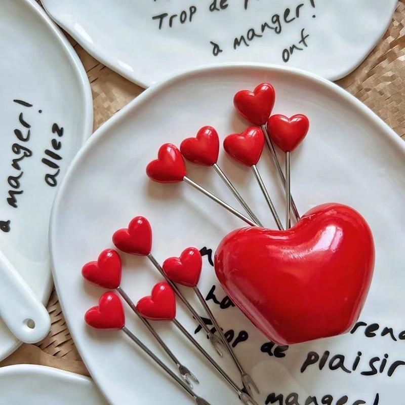 10 Stück Kreative Liebe Obstgabel mit Halter Niedliche Herzform Edelstahl Wiederverwendbare Metallspieße für Obst, Dessert, Vorspeisen