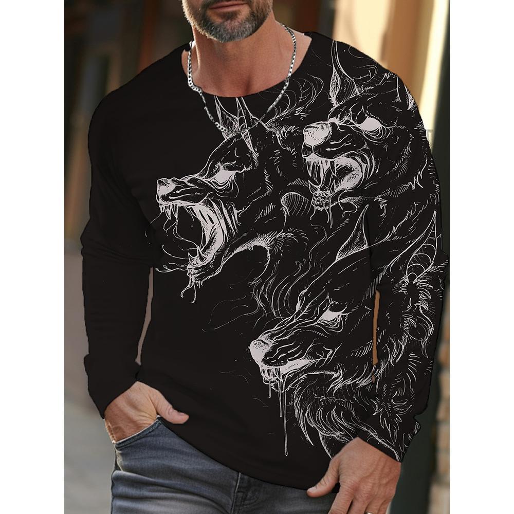 2025 3D Wolf Pack Print Men's Long-sleeved T-shirt Street Style Men's Warm Top For Autumn And Winter Daily Casual Men's Shirt