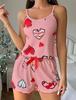 Women's Heart Print Ribbed Camisole & Shorts Loungewear Set