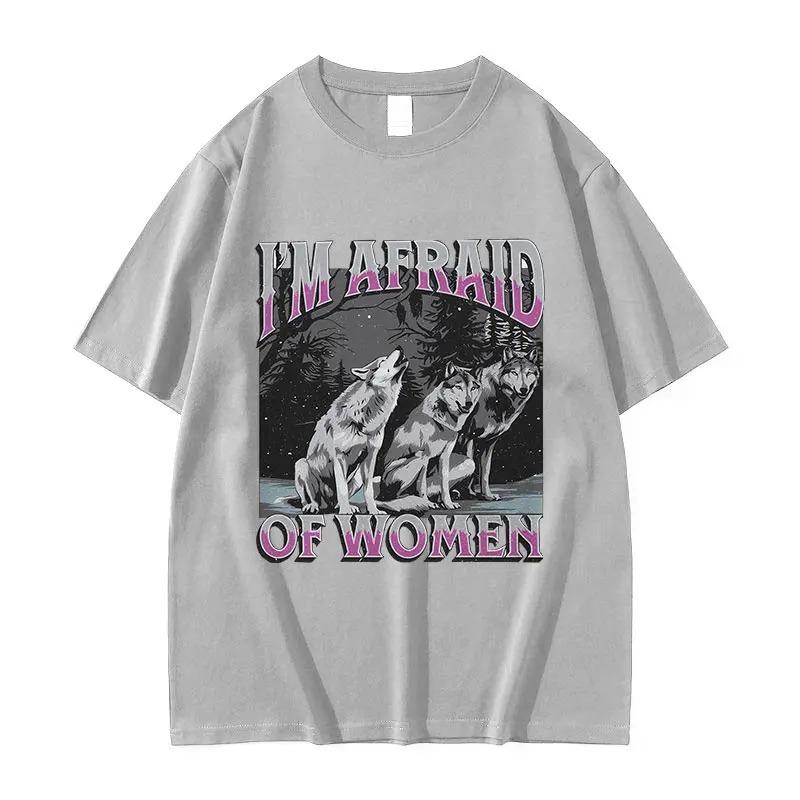 Marineblaues Kurzarm-T-Shirt mit "I'm Afraid Of Women" Wolf Meme Grafikdruck Für Fans von Internet-Humor