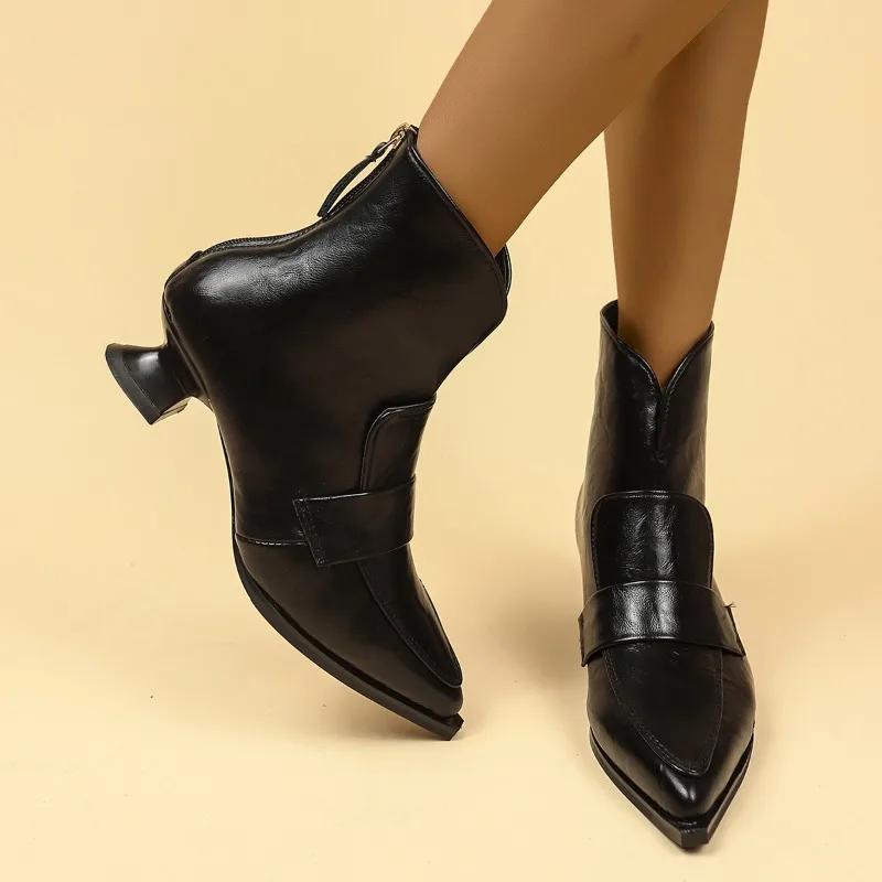 Fashion 2025 Pointed Toe Women Hot Selling High Quality Fashionable Ankle Boots Mid Heels Designer Leather Shoes Woman Trend