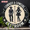 Western Cowboy Cowgirl Restroom Round Metal Sign Vintage Rustic Wall Decor for Bar Ranch