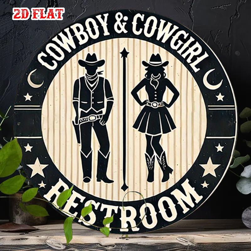Western Cowboy Cowgirl Restroom Round Metal Sign Vintage Rustic Wall Decor for Bar Ranch