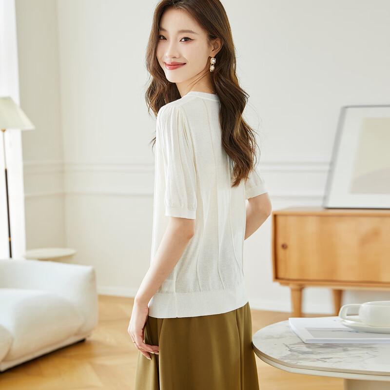 Srcr Women's Wool Blend Thin Knit Round Neck Mid-Sleeve Top