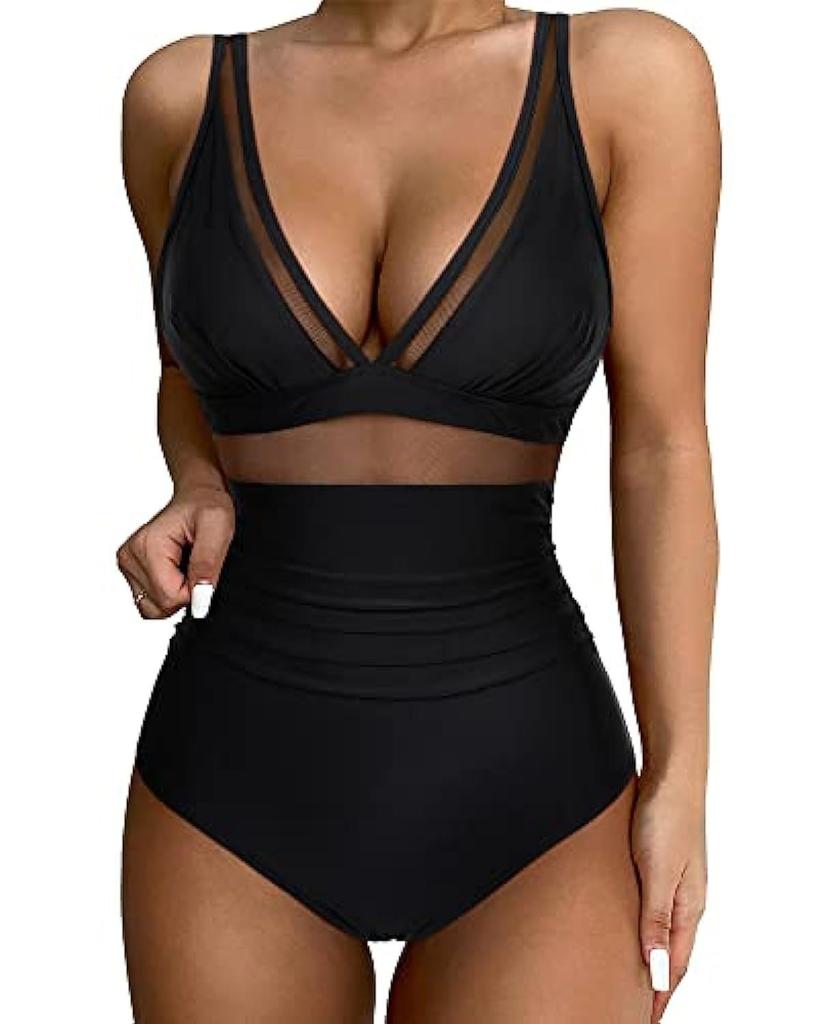 One-piece Swimsuit Sexy Hollow Mesh Deep V Gathering Perspective Bikini Swimsuit