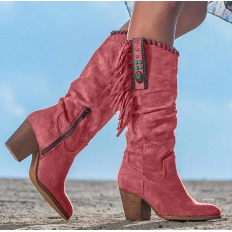 

Мода Новые Женские Высокие Сапоги Тренд Ретро Металлическая Пряжка Острый Носок Толстый Каблук Кисточка Западные Ковбойские Сапоги Женская Обувь Botas De Mujer 34