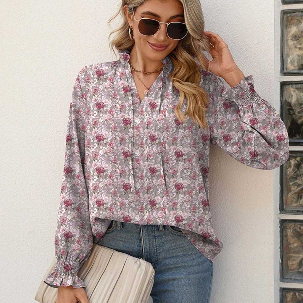 Autumn Women's Ruffled Loose Print Casual Shirt