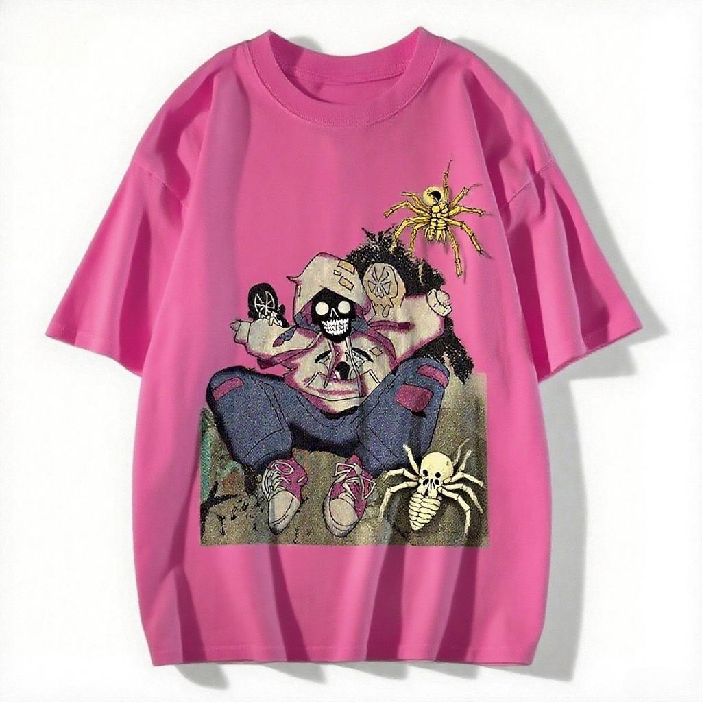 2025 Amerykański Styl Diabelski Nadrukowany Krótkorękawowy Letni Casualowy Modny Top Okrągły Dekolt Bawełniana Chłodna Oddychająca Koszulka