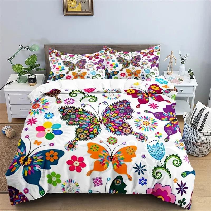 Soft Butterfly Floral Duvet Cover Queen Size For Adults Kids Girls Teens Bedroom Decor Flowers 3D Print Bedding Set Pillowcases