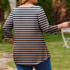 Ladies Stripe Print Plus Size 3/4 Sleeve Rounded Hem Round Neck Fashion Top