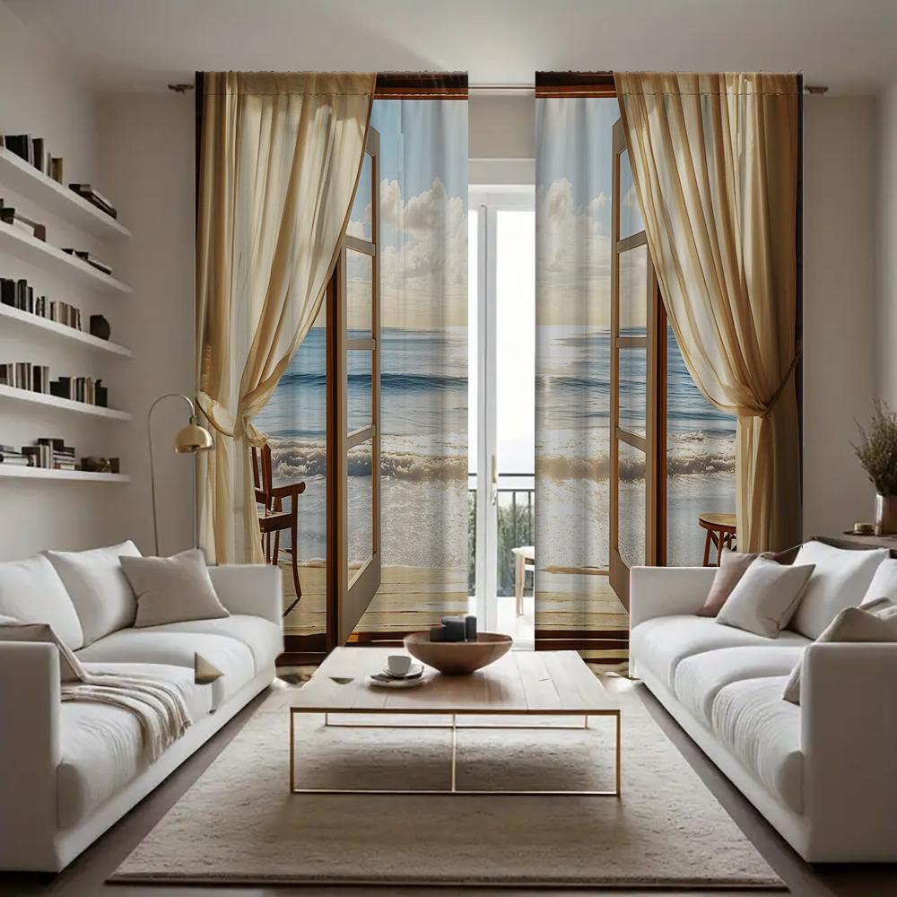 2PC Home Coconut Tree Sea View Curtains With Landscape Background And Pole Pocket Curtains, Kitchen, Coffee Shop, Living Room, B