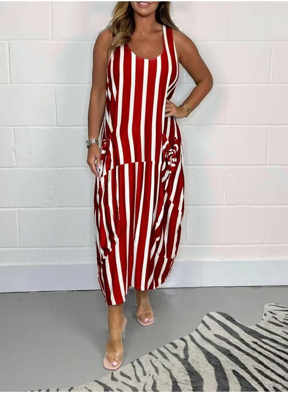 Europe, America 2026 summer new women s fashion striped sleeveless long dress S красный