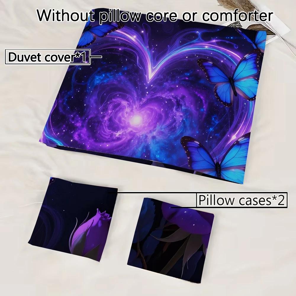 3 Piece Set Purple Dreamy Love Rose Valentine's Day Print Quilt Set,Including 1 Duvet Cover and 2 Pillowcases(excluding Padding)