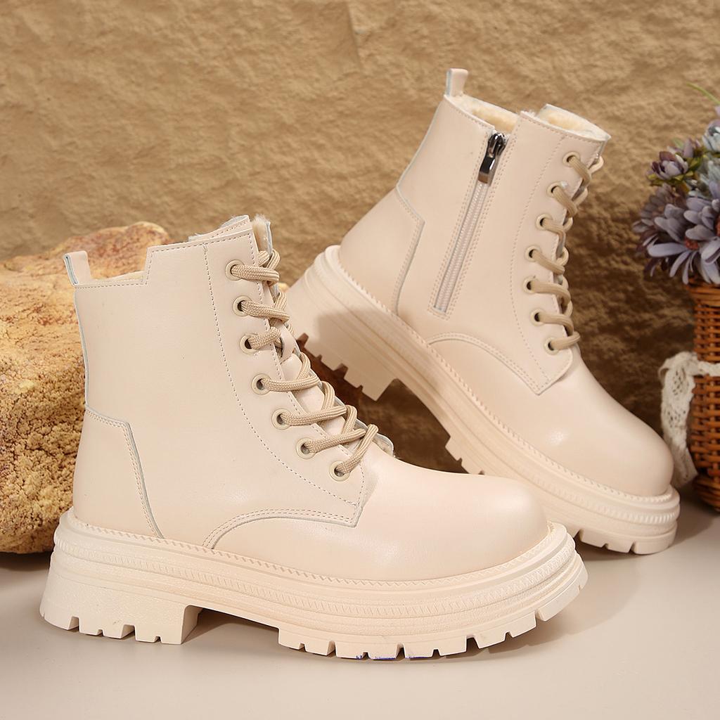 Plus Size Fall/Winter 2025 Women's Boots Martin Boots with Fleece Thick Soles and Lace-up Black Classic Booties for Women