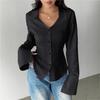 Women's Black Fine Stripe Flared Cuff Button-Down Shirt