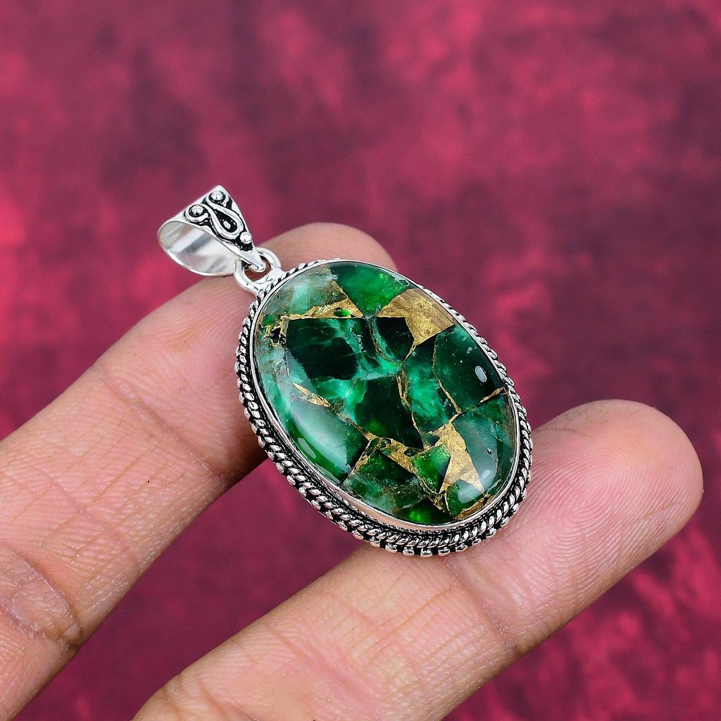 Green Copper Turquoise Pendant, 925 Solid Sterling Silver Jewelry, Gemstone Pendant, Gift For Her Handmade Dainty Jewelry