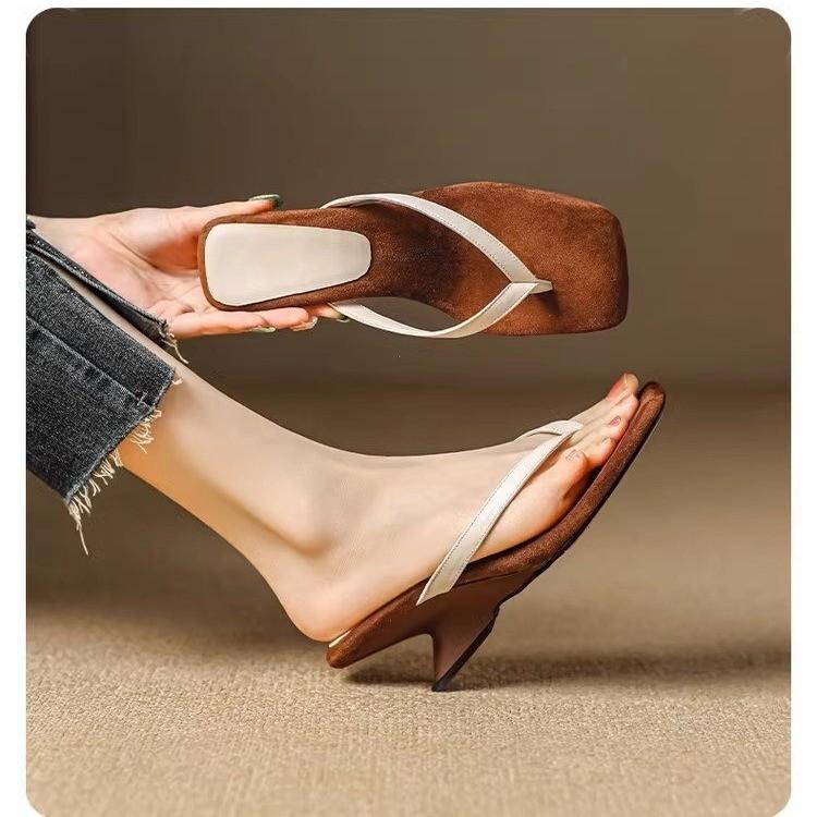 

Французский квадратный носок, высокие каблуки-шпильки, 2024, новая летняя мода, шлепанцы с открытым носком, темпераментные туфли-лодочки и крутые шлепанцы 40