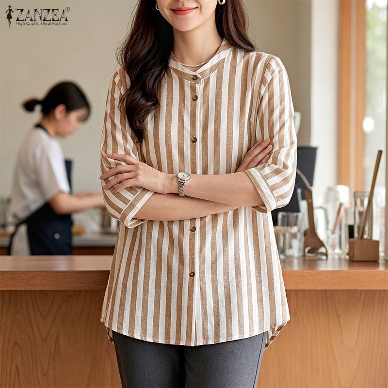 ZANZEA Camicetta a righe con maniche a 3/4 e colletto alto casual da donna