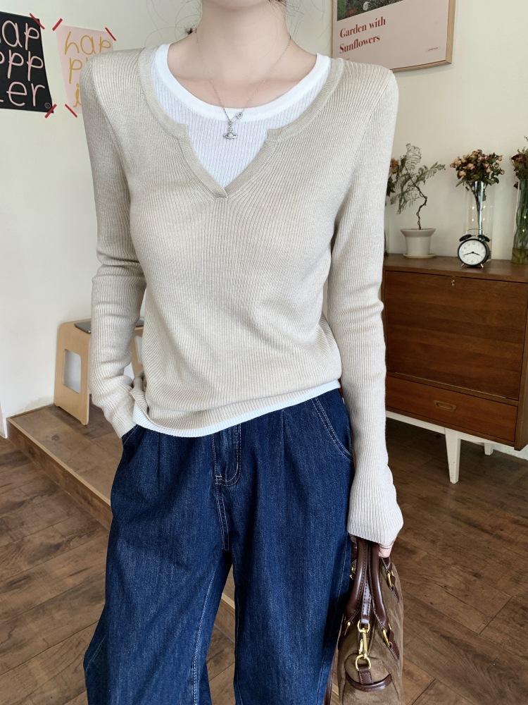 Spring New Casual Skinny Collar Fake Two Bottom Sweater Women's Fashion Lazy Commuter Long Sleeve Knitted Sweater