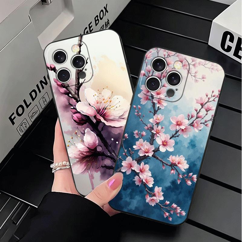 Cherry Blossom Sakura Fashion Soft Phone Case for iPhone 16 16E 17 Air 15 Pro Max 14 Plus 13 Mini 11 12 7 Black Cover Back Shell