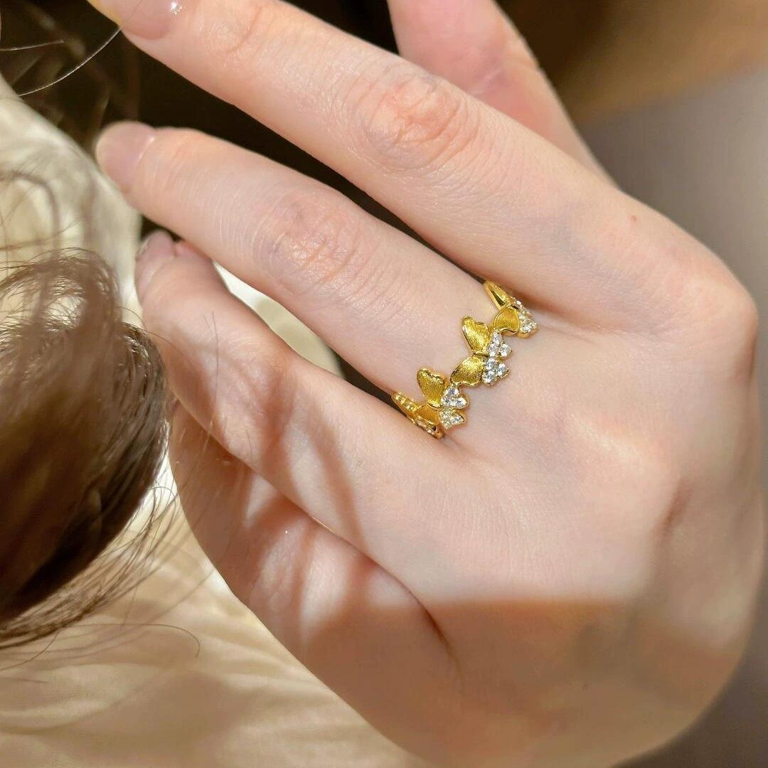 

Gold Brushed Dot Diamond Butterfly Ring, Slightly Inlaid Zircon Design, Exquisite Valentine S Day Gift. Adjustable Opening