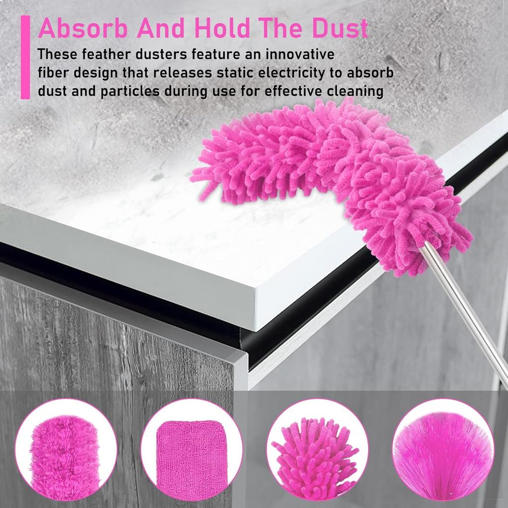 ThinkLearn Microfiber Dusters for Cleaning,14PCS Feather Dusters with Extension Pole,Bendable Washable and Extendable Duster for High Ceilings, Fans
