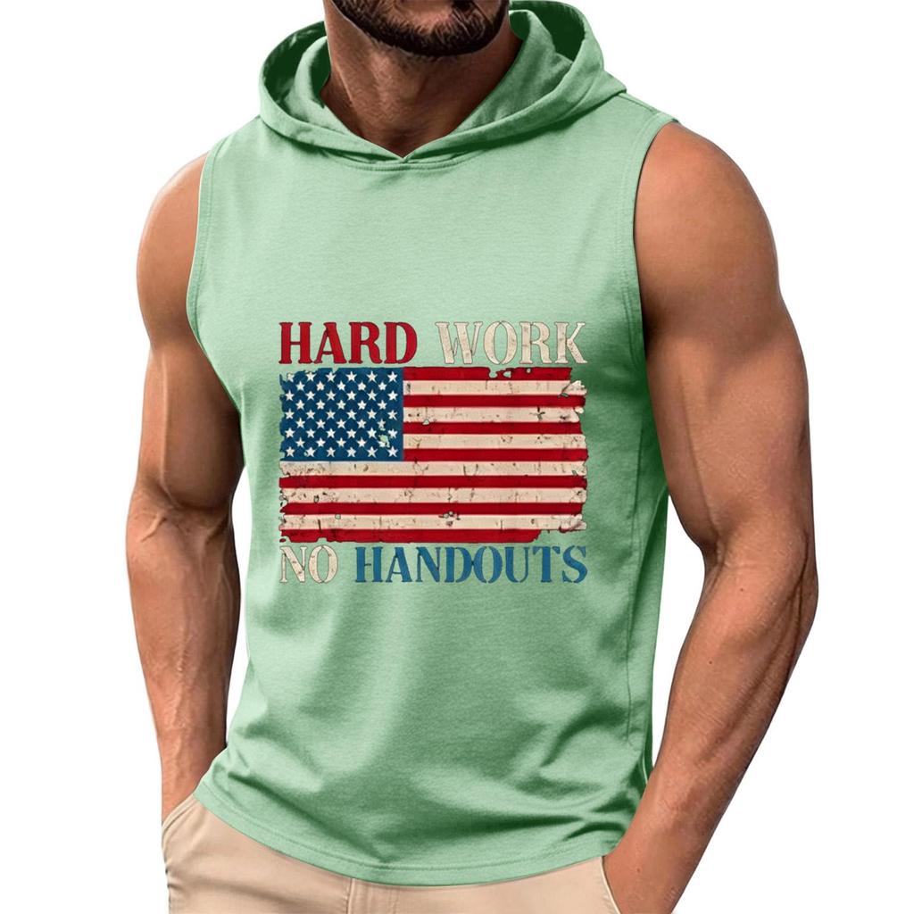 Men's Sleeveless Hoodie Tank Top Casual Muscle Shirt with American Flag Graphic Print Hard Work No Handouts Design for Summer