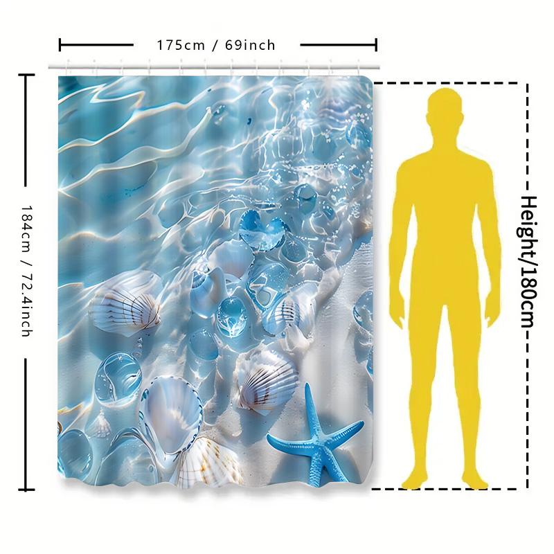 Zasłona prysznicowa o tematyce plażowej z muszlami i niebieską rozgwiazdą - efekt akwareli do wystroju domowej łazienki Podnieś przestrzeń