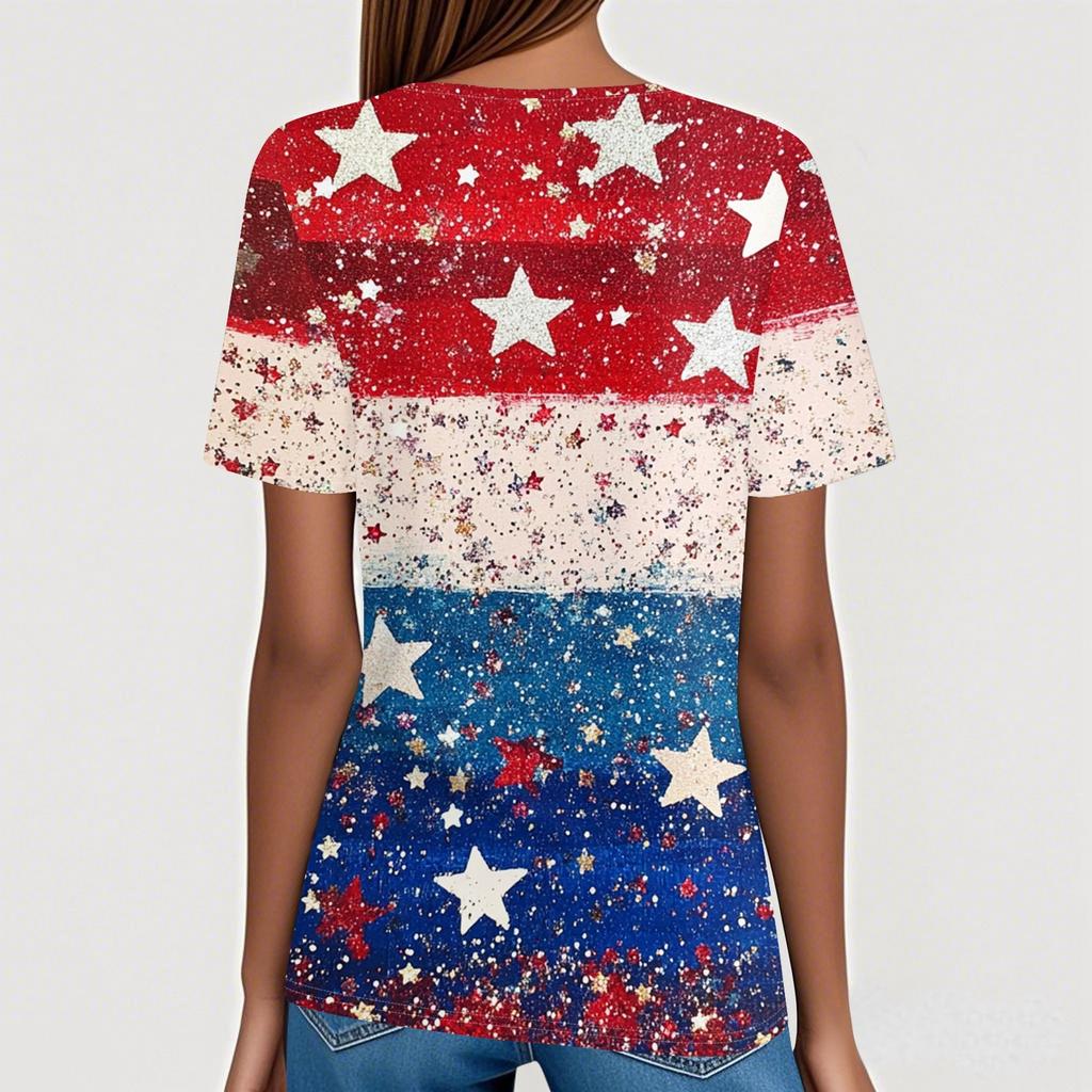 Women's T Shirt Tee Independence Day Printed Button Short Sleeve Tunic Daily Weekend Fashion Basic V- Neck Regular Top