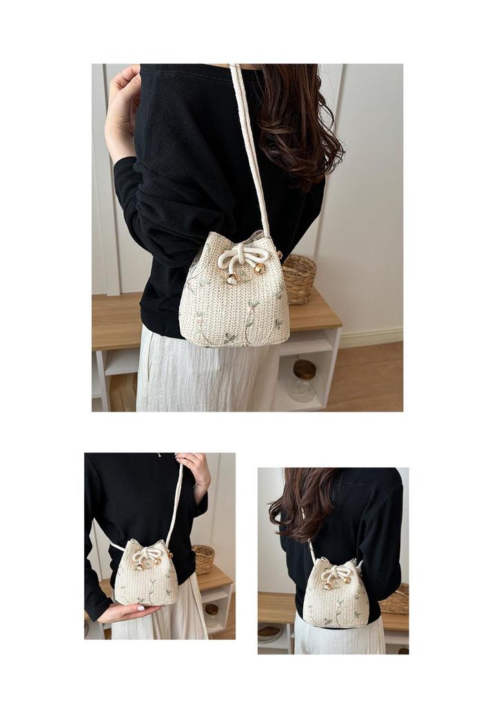 Women's Summer Beach Straw Bag - Drawstring Crossbody & Shoulder Tote