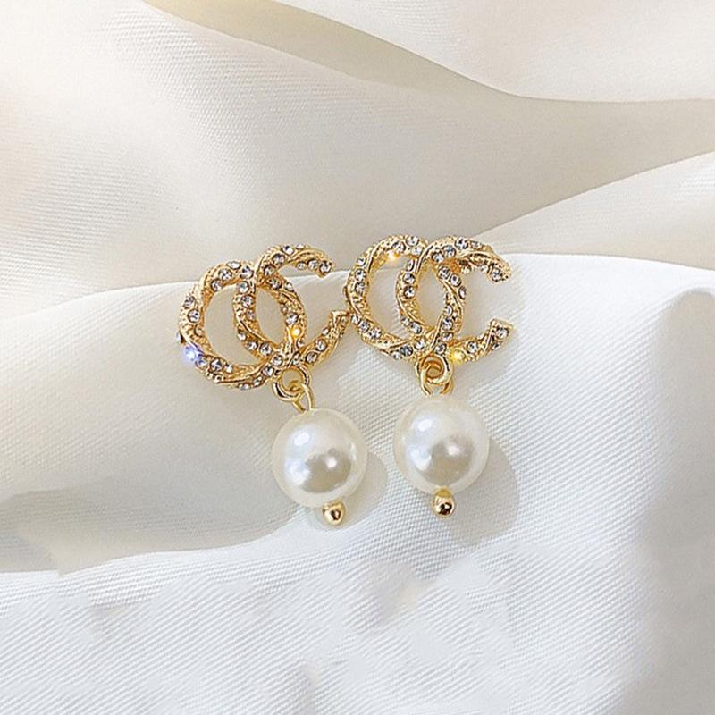 925 Sterling Silver Geometric Diamond Pearl Tassel Stud Earrings