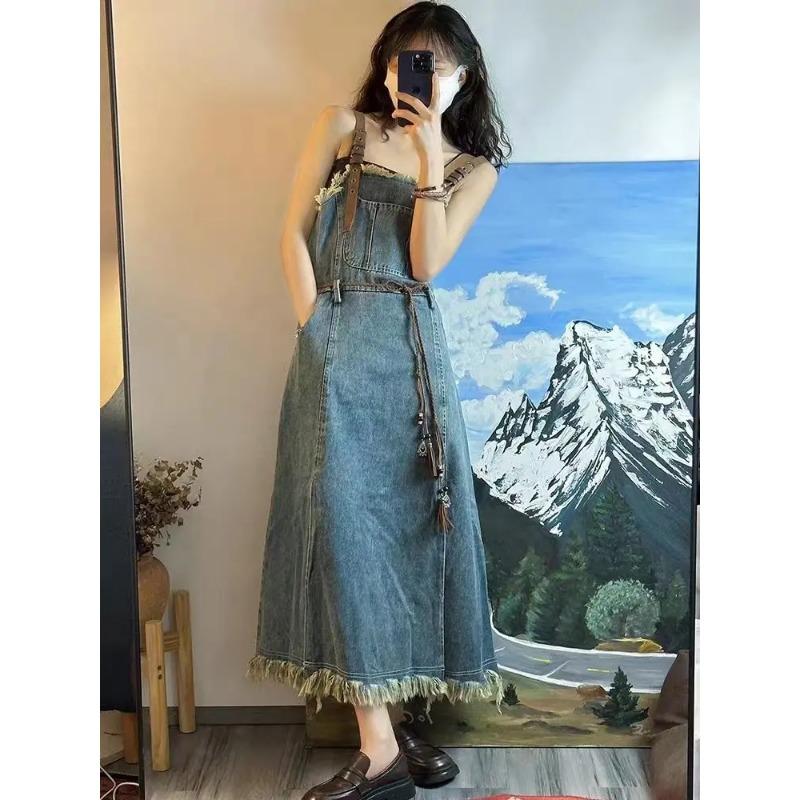 Vintage Casual Camisole Denim Dress for Women Elegant Sleeveless A-line High Waist Drawstring Belt Dresses Korean Style