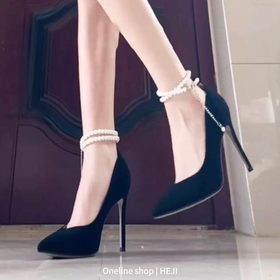 Nové špičaté stiletto vysoké podpatky dámské luxusní černé lodičky s přezkou na jeden pásek semišové perlové vysoké podpatky