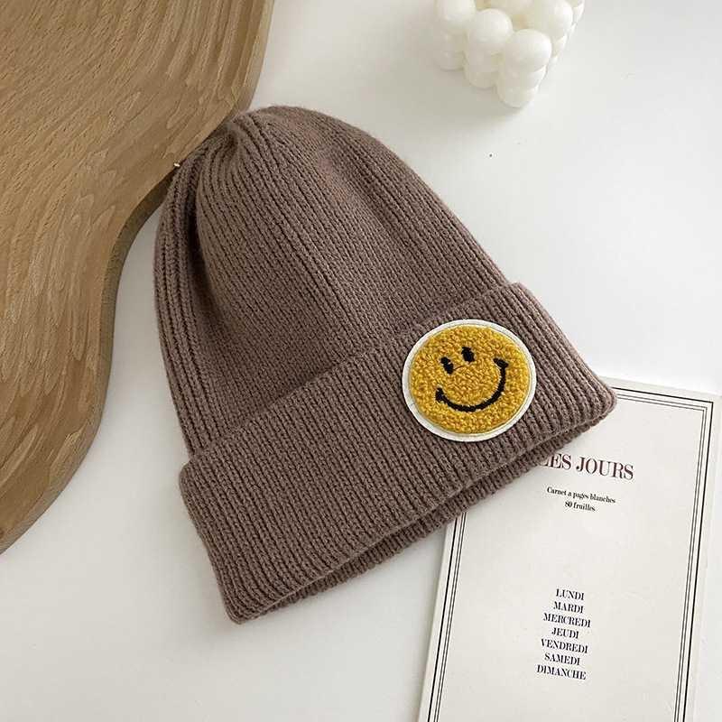 Hat Women Autumn and Winter Smiley Face Label Couple Knitted Hat Winter Pullover Woolen Hat Student Couple Warm Hat