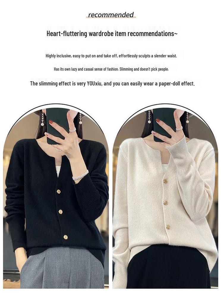 2023 Women's Pure Wool V-Neck Cashmere Cardigan - Solid Color Knit, Loose Fit
