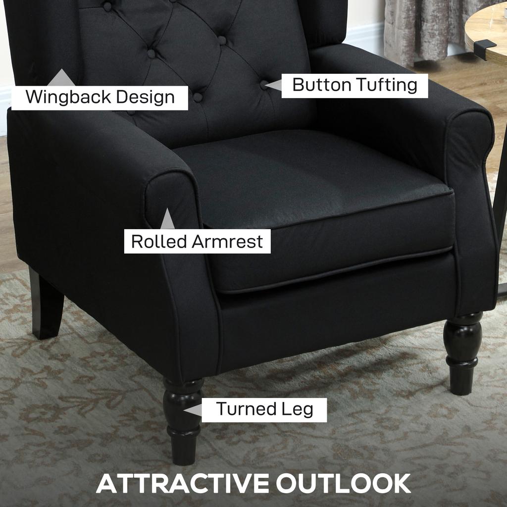 Retro Accent Chair, Linen Wingback Armchair with Wood Frame Button Tufted Design for Living Room Bedroom, Black