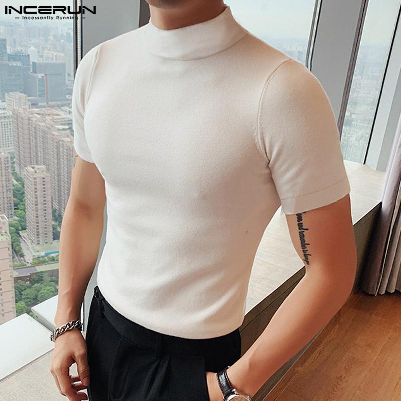 INCERUN Men Mockneck Short Sleeve Solid Color Bottoming Tops T-shirts
