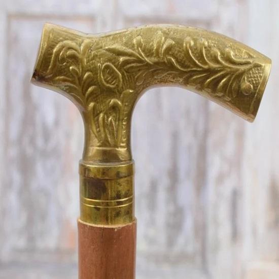 Walking Stick Wooden and Brass Elegant Goldene Cane Gift for Grandfather Father Wedding Session