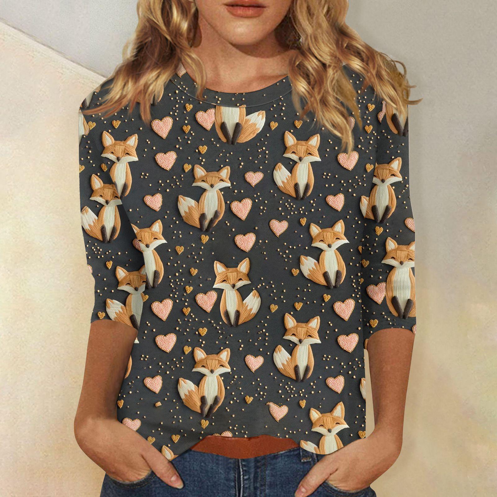 

Жіночий топ з круглим вирізом та рукавом три чверті з 3D анімалістичним принтом XXL