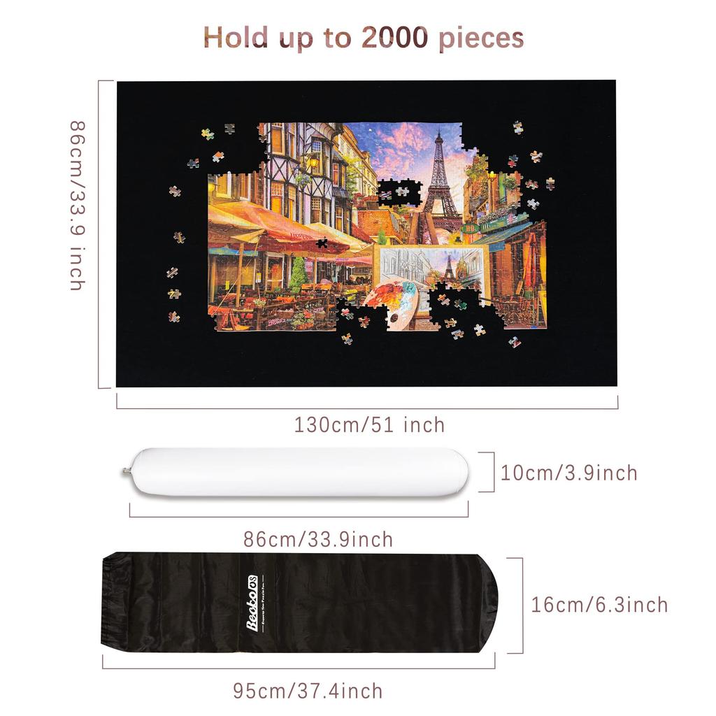 Becko US 2000 Piece Jigsaw Puzzle Mat, Roll-Up with Black Pump & Drawstring Storage Bag. Easy To Carry and Store, Black Felt Mat, Portable Puzzle