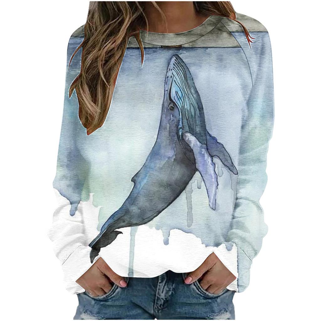 Autumn Round Neck Blue Women's T-shirt Loose Fitting Pullover Long Sleeved Whale 3D Printed Sweatshirt