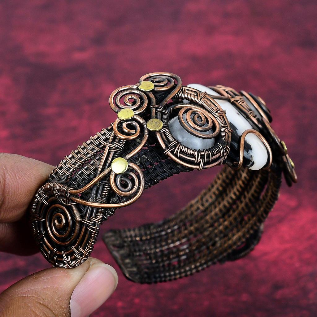 White Buffalo Turquoise & Moonstone Bangle Copper Wire Wrapped Adjustable Bangle