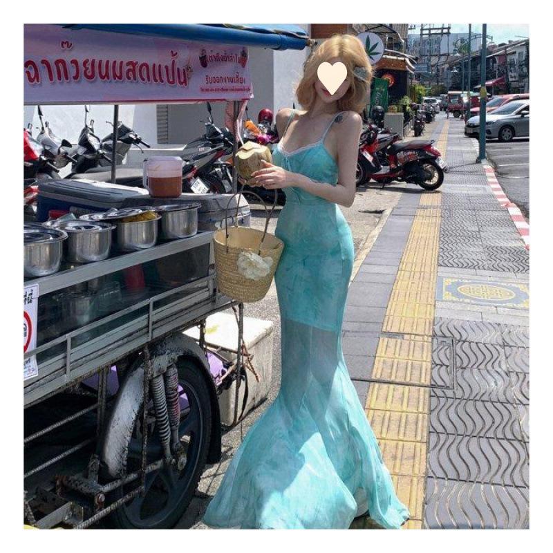 

Beach Resort Wind Green Butterfly Printed Suspender Dress Women s Waist Wrap Hips Pure Sweet and Spicy Fish Tail Dress S