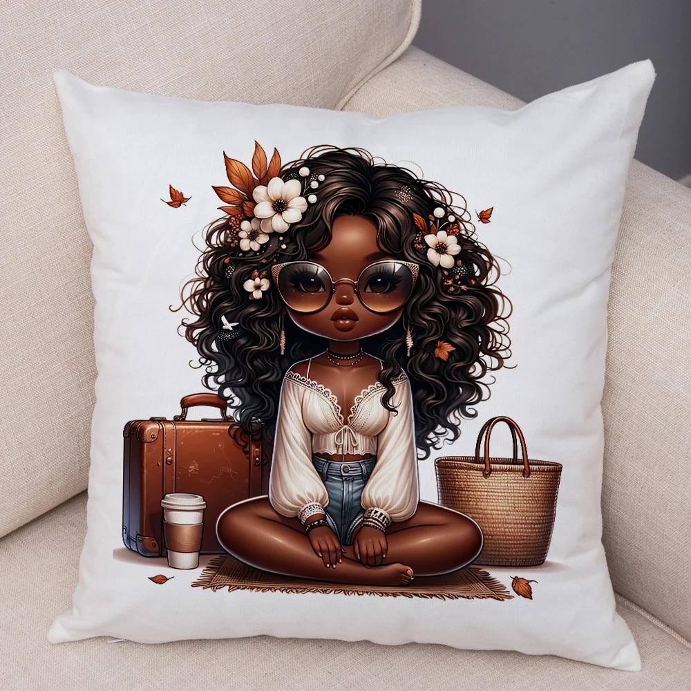 Fashion Cartoon African Girl Pillow Case Soft Plush Cushion Cover for Sofa Home Decor Cute Black Women Throw Pillowcase