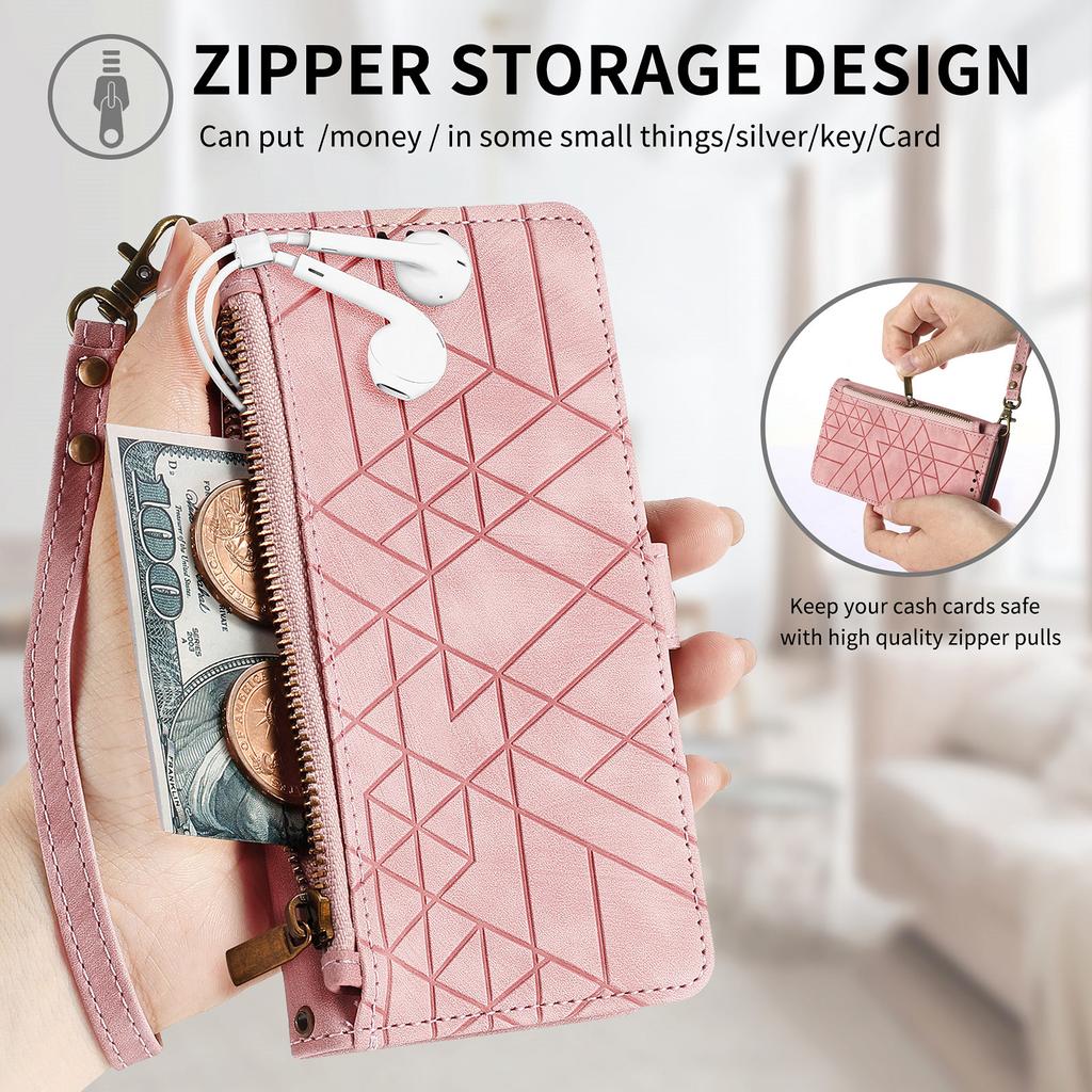 For Oppo Reno12 F 5G Zipper Wallet Case Geometry Lines Leather Phone Cover with Strap