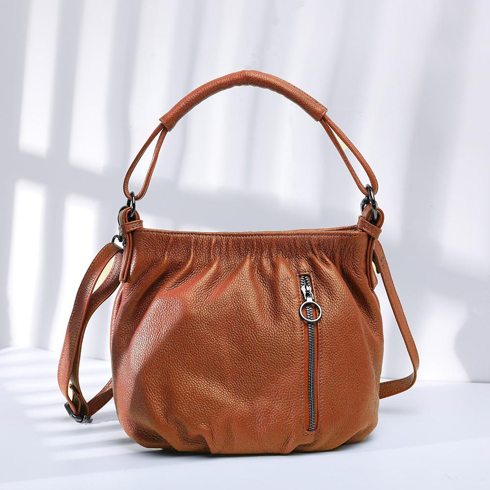 Top-grain Cowhide Women s Pleated Handbag, Genuine Soft Leather Single-shoulder Crossbody Mommy Designer Luxury Bag 23x13x20cm коричневый