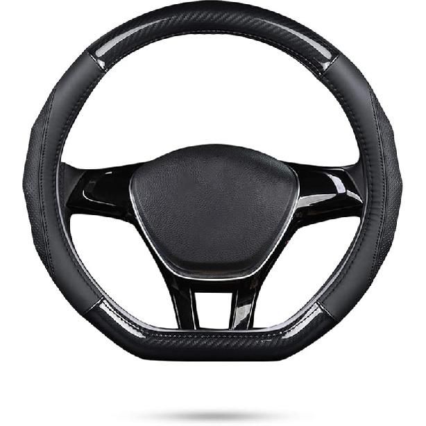 Ergocar Car Steering Wheel Cover Non-Slip Car Steering Wheel Protector Sport D-Shape Carbon Fiber & First Layer Cowhide Universal For Diameter