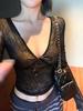 Women's Autumn Lace-up V-neck Lace Black Top - Slim Fit, Waist-cinching, Chic Long Sleeve