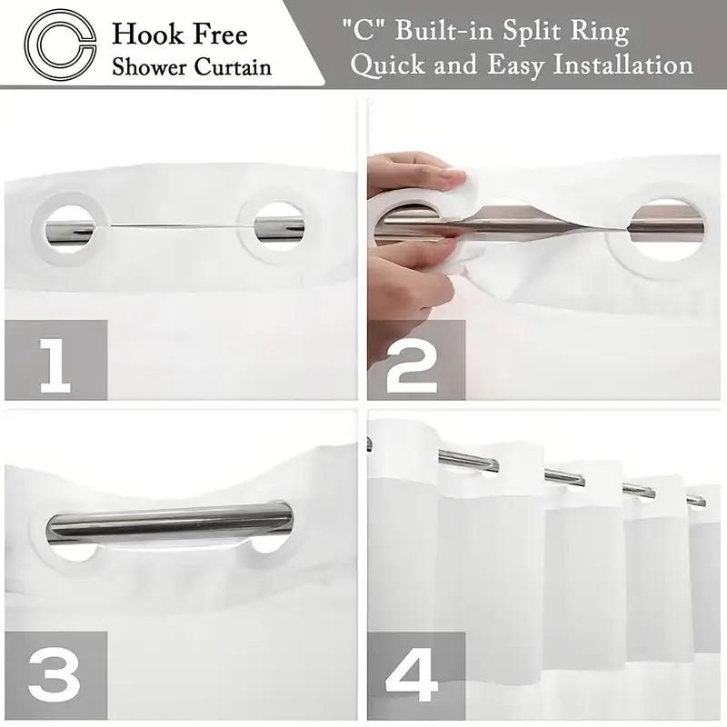 No Hook  Floral Pattern Shower Curtain With Snap-in Fabric Liner, Sheer Top Window, Waterproof Double Layer Bathtub Curtain