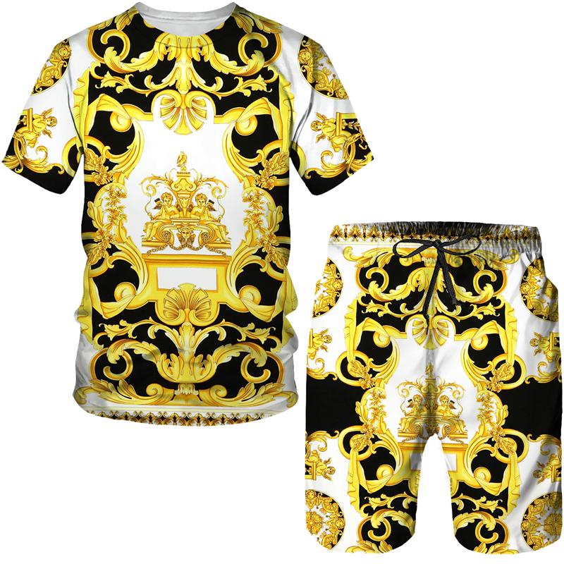 

Мужской спортивный костюм Vintege в стиле барокко с 3D принтом, модные футболки/шорты/комплекты с золотым узором в стиле хип-хоп, мужская уличная одежда, костюм XXL